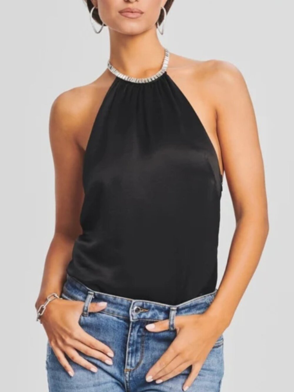 NWT Retrofête Bonnie Black Satin Crystal Halter Top Medium
